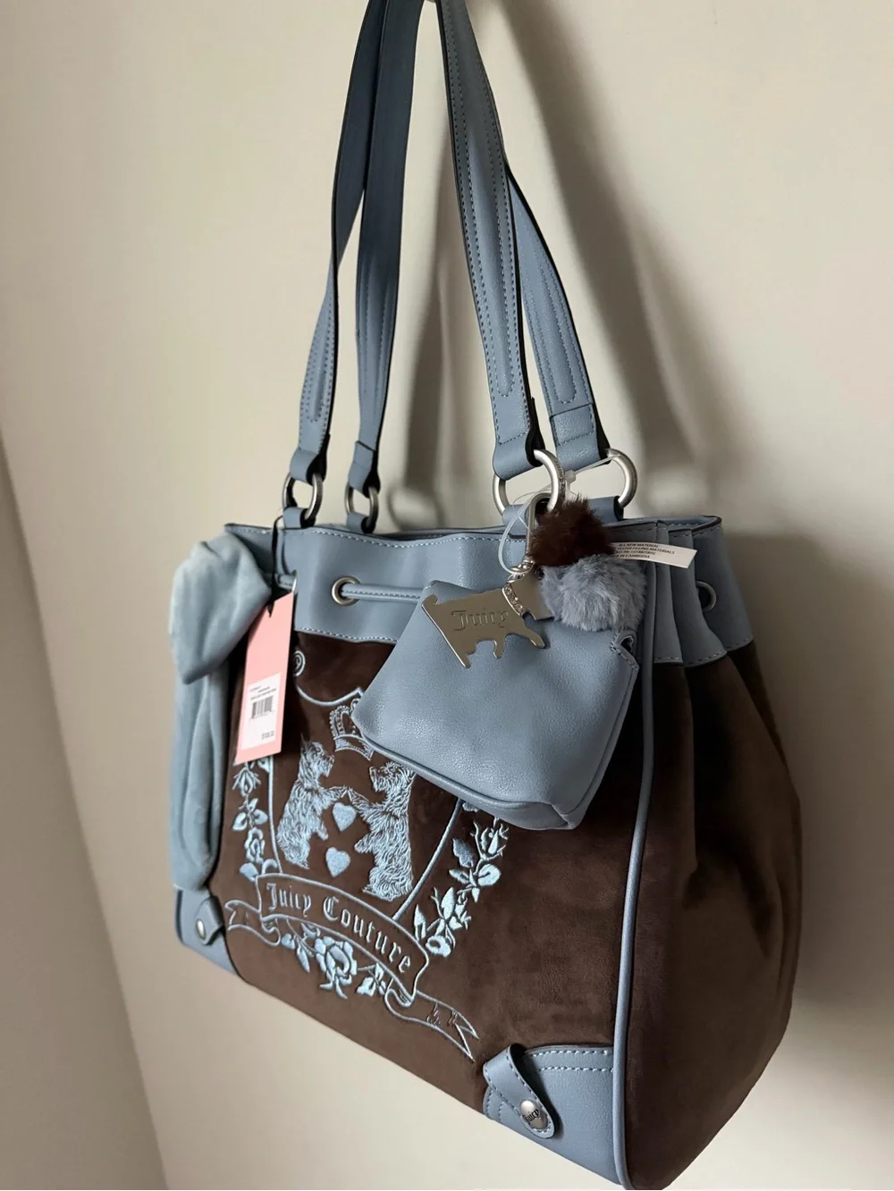 Juicy Couture Blue and Brown Embroidered scottie dog crest daydreamer Tote Bag